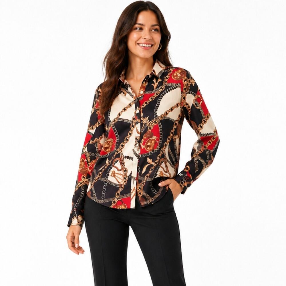 Womens Button Front Blouse Size Small Multi Collared Baroque Print Shirt Chic Me